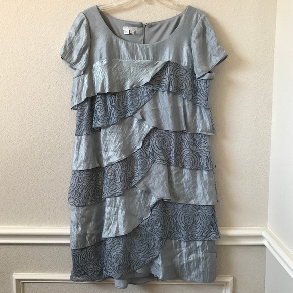 London Times Metallic Blue Lace Trim Ruffle Dress - Picture 12 of 15